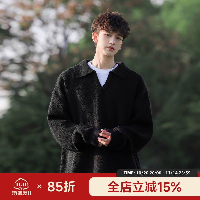 @二更翻领黑色毛衣男款秋冬季