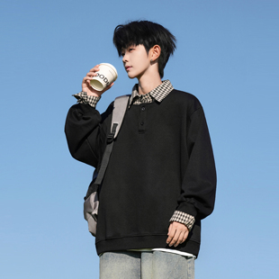 二更假两件翻领格子长袖卫衣男春秋季潮流复古设计感男生上衣外套