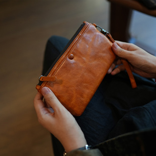 鹿小姐植鞣牛皮复古做旧高级感大容量钱包真皮手机证件收纳手拿包