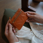 鹿小姐植鞣牛皮复古褶皱便携拉链零钱包真皮钥匙银行卡收纳包