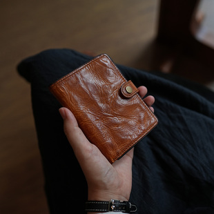鹿小姐植鞣牛皮复古做旧高级感短款 轻薄口袋真皮钱包卡包皮夹