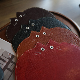 手工头层植鞣牛皮小众文艺复古高级感可爱猫咪真皮办公护腕鼠标垫