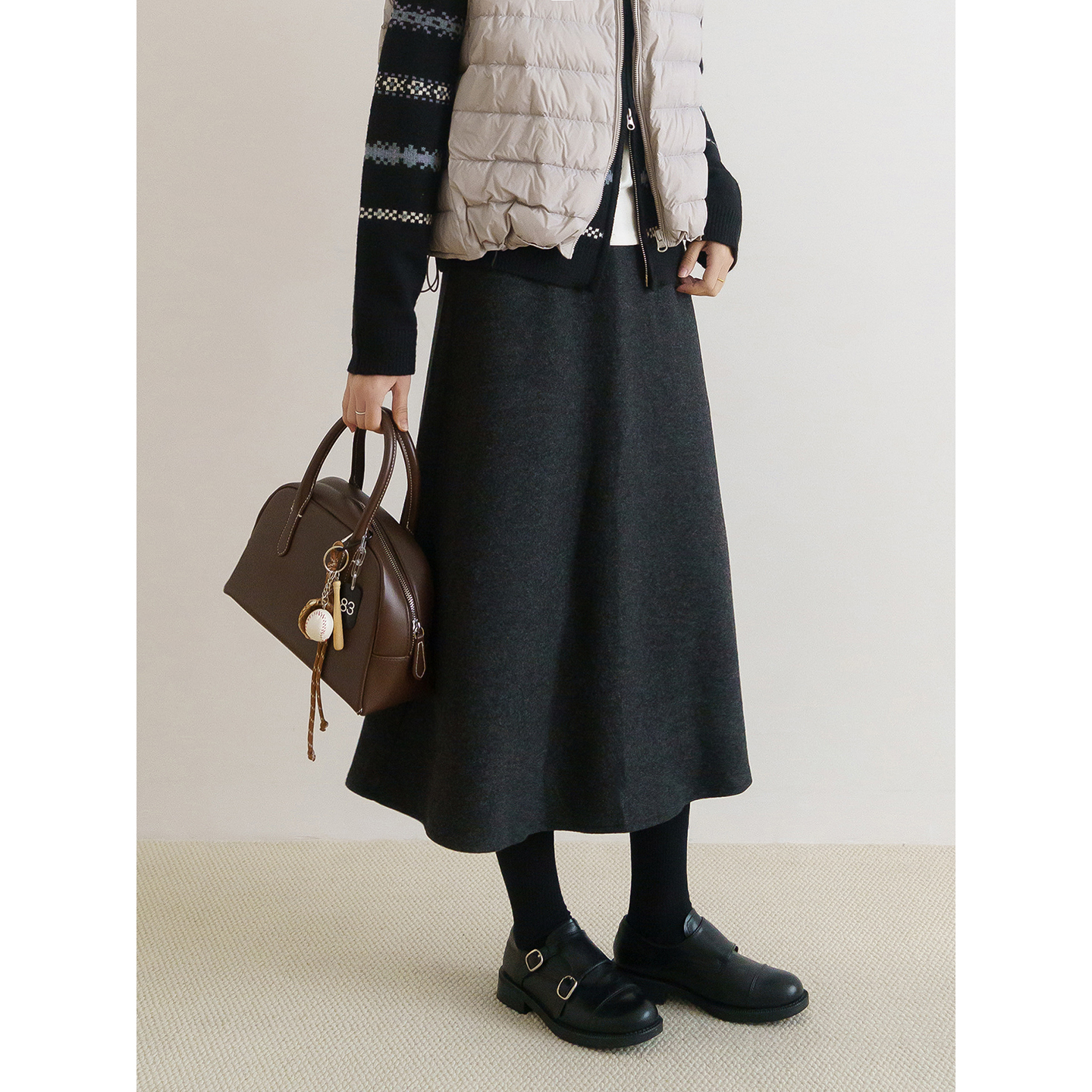 高腰A字中长款毛呢半身裙女