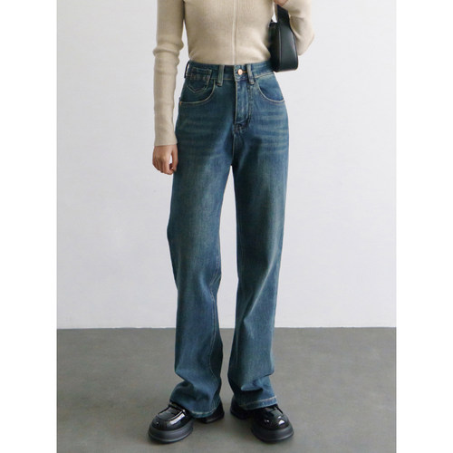 窄版直筒长裤常规棉弹牛仔布