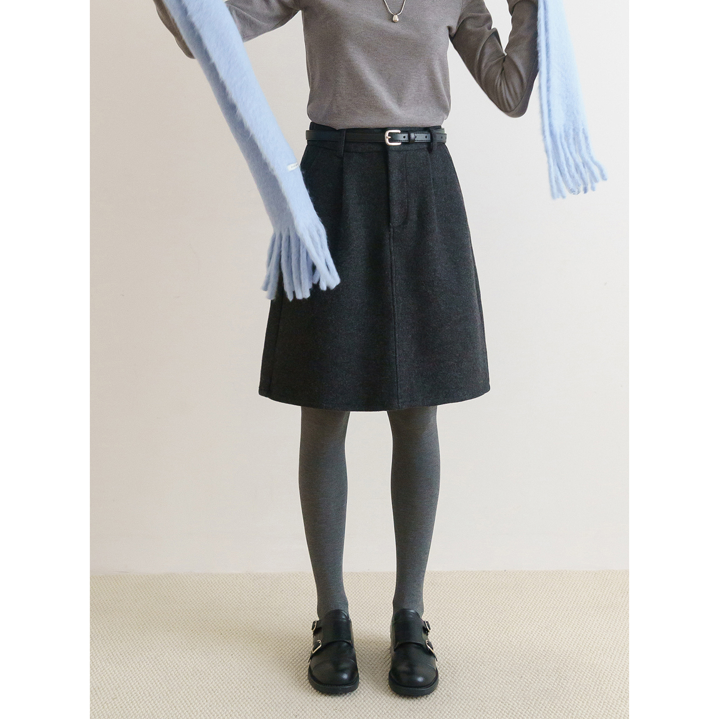 简约通勤羊毛毛呢a字花苞中裙