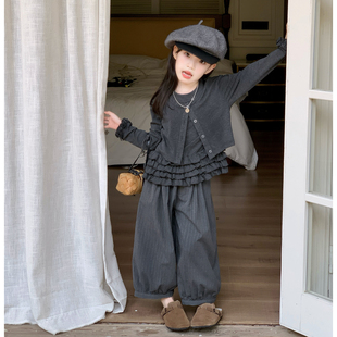 女童春季套装2026新款女宝宝假两件上衣灯笼裤两件套儿童洋气春装