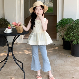 韩版女童夏季薄款裙摆边无袖衫牛仔喇叭裤两件套可爱洋气时髦套装
