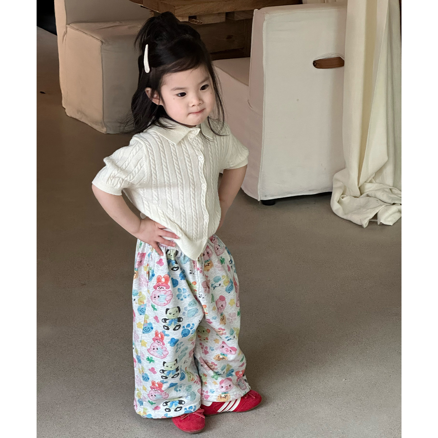 女童polo领短袖毛衣碎花卡通长裤套装韩版2026春季宽松休闲两件套