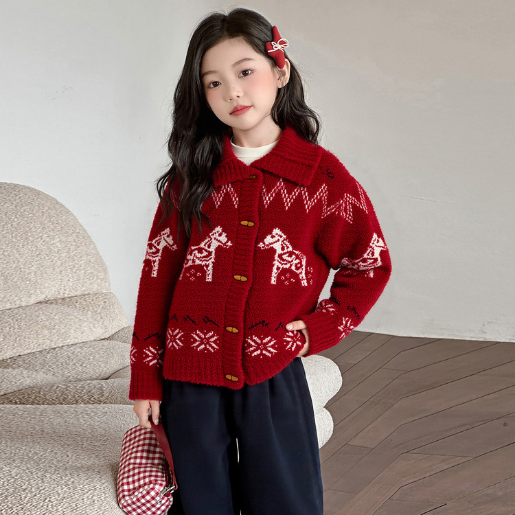 女童翻领红色毛衣针织衫外套秋冬