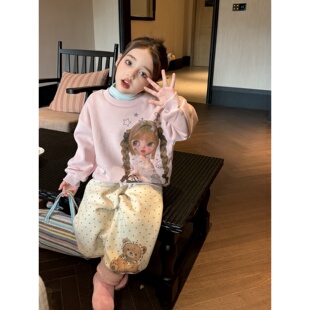女童秋冬加绒卫裤2件套儿童韩版甜美可爱卡通动漫卫衣套装保暖