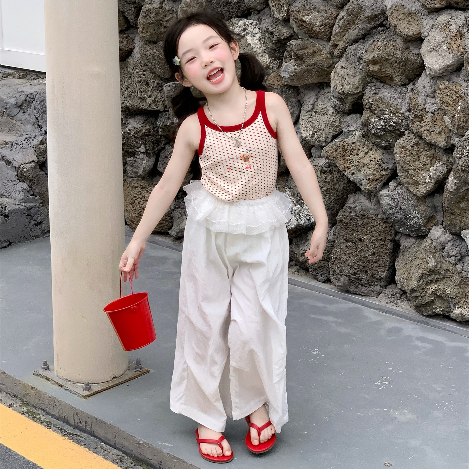 女童圆点吊带背心修身上衣花边直筒裤薄款长裤韩版时髦夏季套装