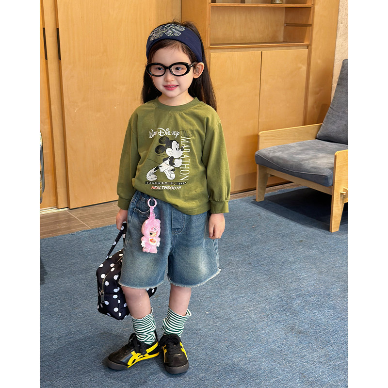 女童韩版卡通印花长袖T恤2026春装儿童宽松圆领绿色上衣打底衫潮