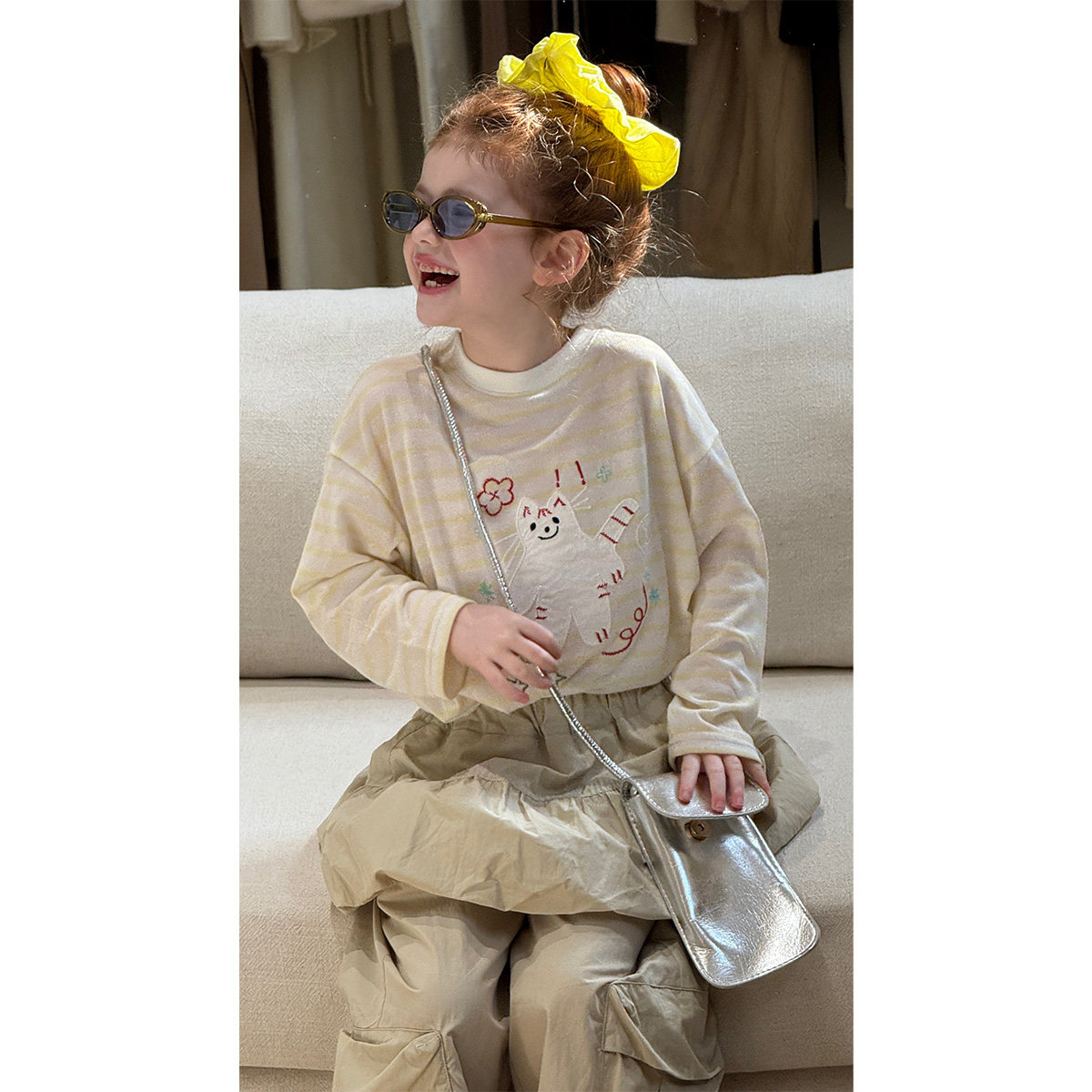 韩版女童卡通猫咪条纹长袖T恤工装裤2件套装2026春装新款打底衫