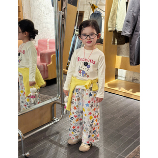 T恤卫裤 套装 2件套2026春装 韩版 直筒裤 卡通印花长袖 打底衫 女童春季