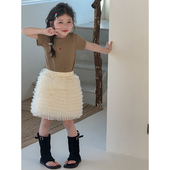 两件套2026韩版 密边短袖 甜美风网纱蛋糕裙 蓬蓬半身裙套装 女童春季