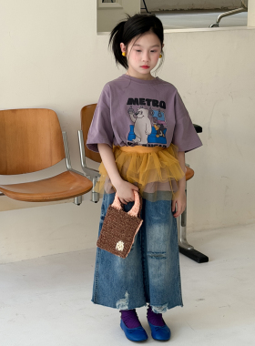男女童韩版卡通印花短袖T恤2026兄妹装儿童宽松圆领紫色上衣夏季
