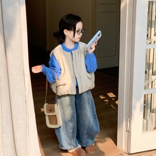 女童套装2025新款秋冬款女宝洋气棉马甲毛衣牛仔裤三件套儿童洋气