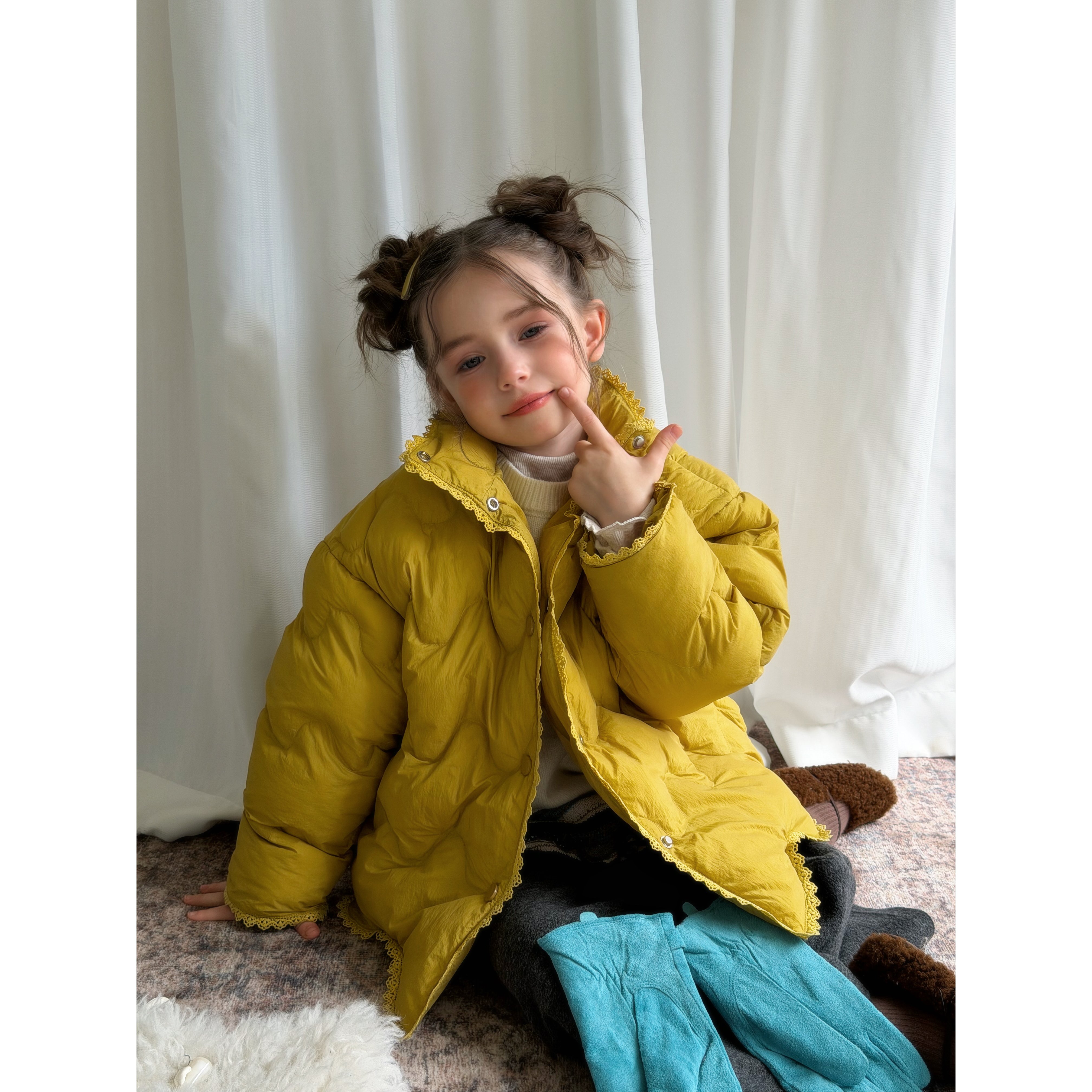 韩版女童立领夹棉外套短款宽松蕾丝花边保暖棉服拉链开衫冬款外套