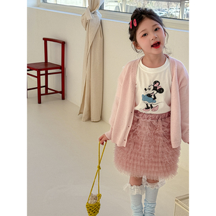 儿童卡通印花上衣公主纱裙两件套 2026春装 甜美风女童针织开衫 套装
