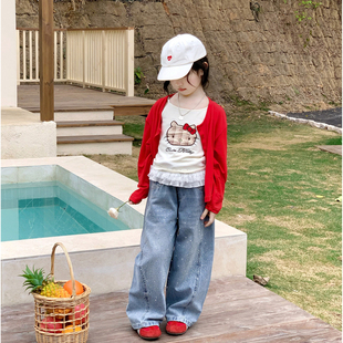 新款 女童韩版 2026春季 卡通印花吊带背心烫钻牛仔裤 潮 红色针织开衫