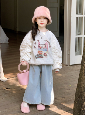 女童加绒卡通卫衣浅蓝色牛仔裤2025秋冬装韩版加厚儿童圆领上衣