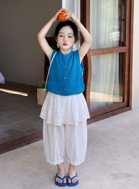 女童夏季韩版蓝色针织背心屁帘休闲裤两件套2026新款女宝夏装套装
