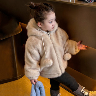 女童仿皮草连帽外套加绒保暖毛球装 饰可爱毛毛衣秋冬女孩棉服冬装