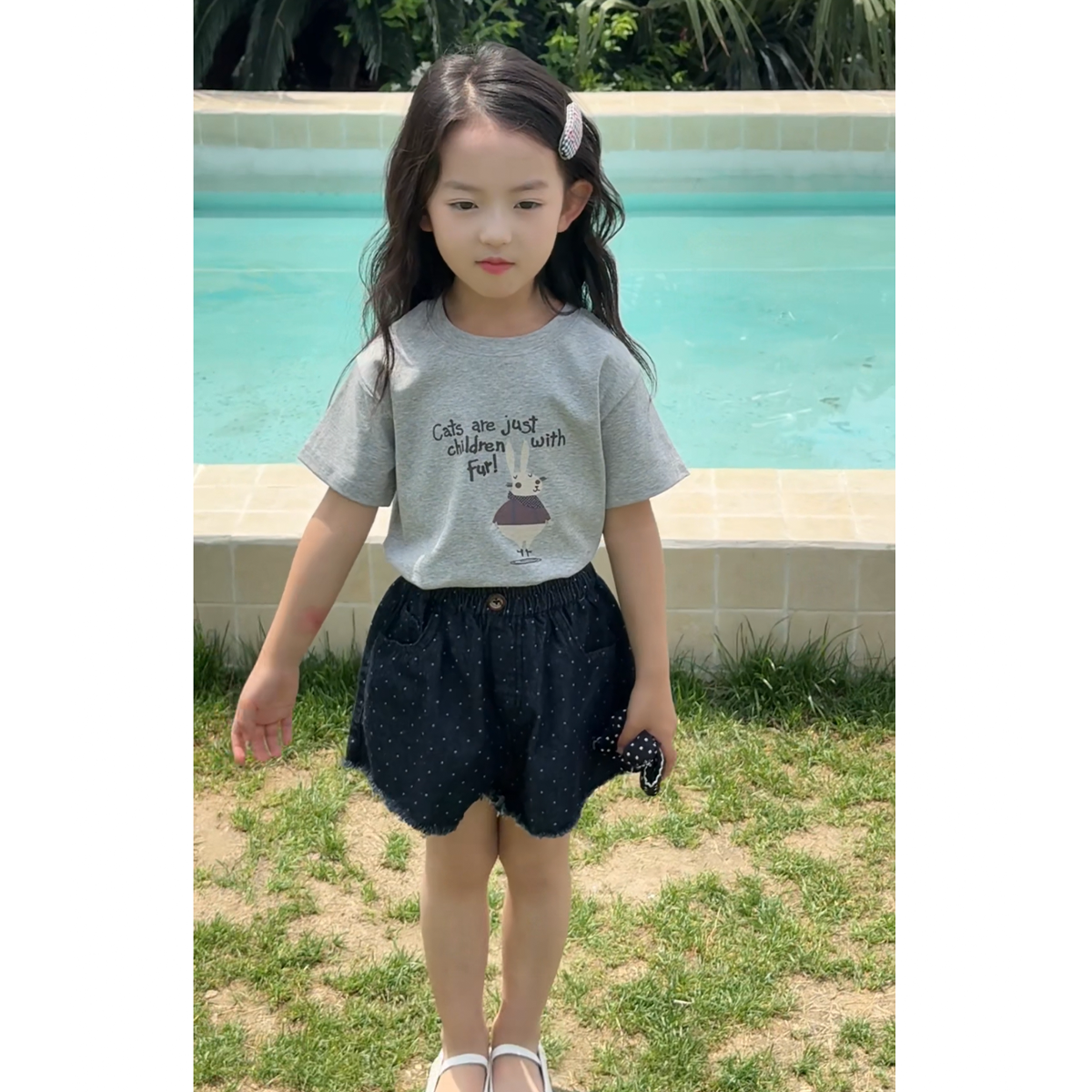 90-130女童灰色卡通短袖+方巾+圆点牛仔短裤2026夏装