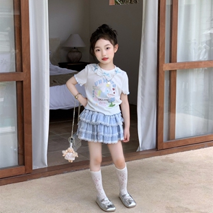 韩版女童卡通花边短袖T恤闪闪纱纱半身蛋糕裙夏洋气甜美可爱套装