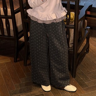 韩版爱心休闲长裤女童加绒直筒裤百搭复古日杂风黑色毛呢裤子秋冬