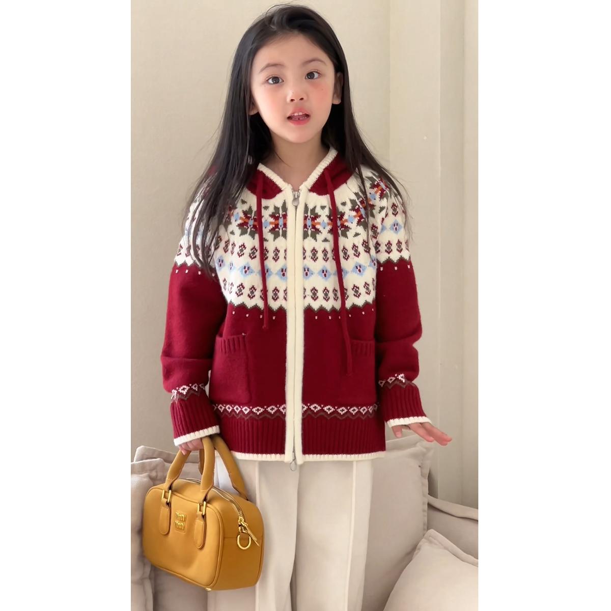 90-170女童加厚费尔岛连帽针织衫毛衣外套+米色加绒直筒裤