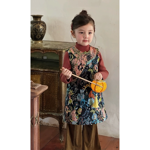 新款 女童新中式 秋冬装 背心裙套装 女宝宝年服裙子 旗袍复古印花无袖