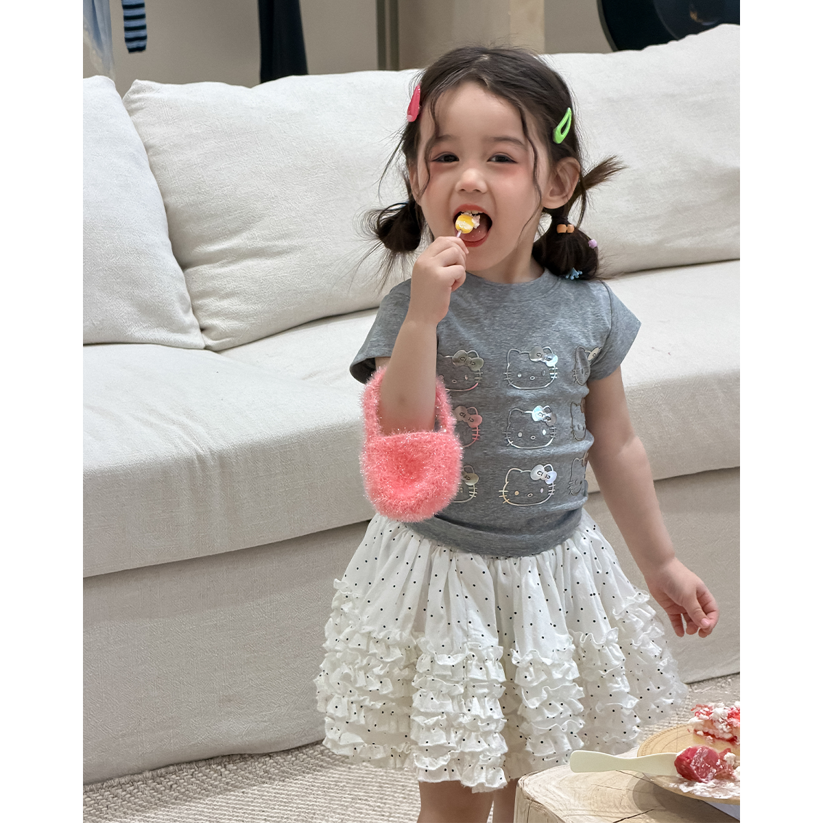 韩版女童夏季卡通T恤波点蛋糕裙2件套装女宝夏季修身短袖可爱套装