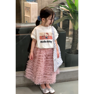 2件套儿童粉色针织衫 T恤网纱蛋糕裙女童春季 甜美KT印花短袖 韩版