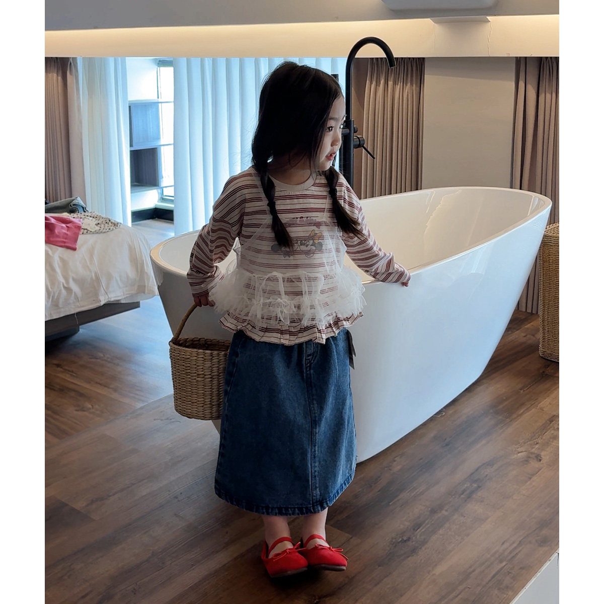 女童韩版条纹长袖T恤网纱吊带上衣2件套牛仔半身裙网红时髦童装,童装/婴儿装/亲子装,套装,淘宝优惠券,粉丝福利购,淘宝优惠卷