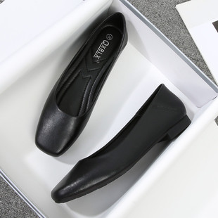 中跟方头平底鞋 工作鞋 大码 春季 妈妈鞋 黑色职业空姐单鞋 皮鞋 女 新款