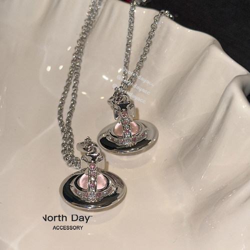 Northday实拍自制 樱花粉orb粉玻璃球星球立体土星钛钢项链毛衣链