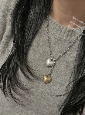 NorthDay自制松弛主义 钛钢撞色设计金银爱心OT扣立体项链毛衣链