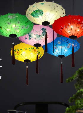 新中式雨伞小吊灯创意布艺中国风伞灯仿古火锅店茶室餐厅饭店灯笼