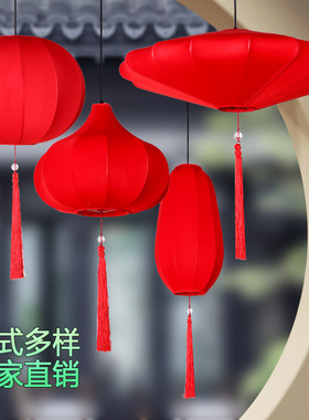 新中式中国风吊灯餐厅酒店灯笼茶楼过道布艺吊灯东方红色装饰灯笼