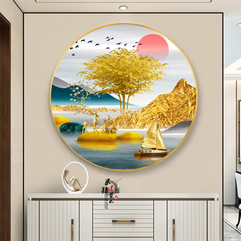 玄关新中式晶瓷面圆形装饰画壁画