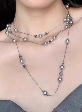 破碎都市原创银灰色珍珠满天星颈链长款项链小众设计感