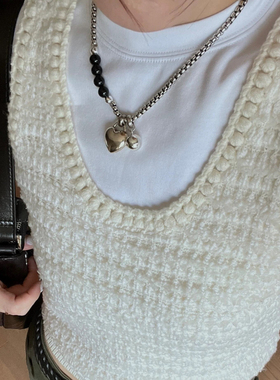 小众设计复古铜色爱心链条天然玉石黑玛瑙红纹石项链锁骨链