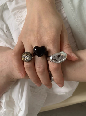 三件套 法式冷淡风复古亚克力戒指女套组树脂爱心金箔叠戴指环