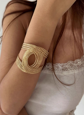 复古金色双C麻花宽版手环臂环小香vintage手镯开口可调节