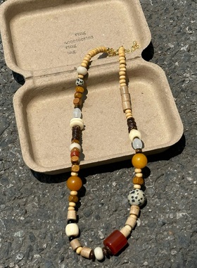 登陆可爱岛屿waki设计师款天然玉石木质珠不对称彩色串珠项链