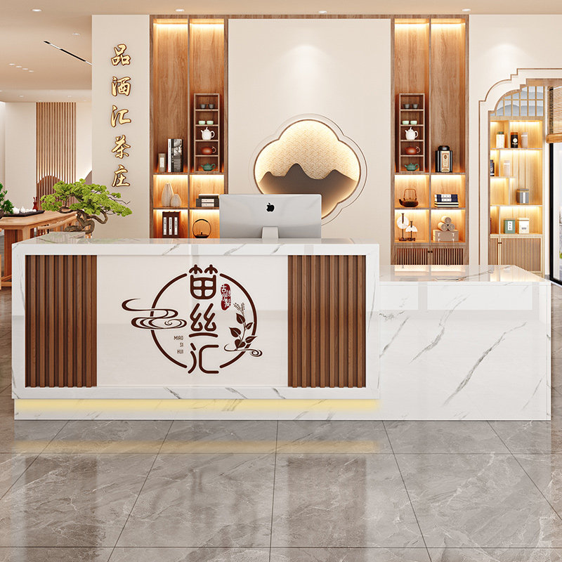 新中式收银柜台吧台茶楼前台店铺小型柜台养生馆饭店前台桌子接待图片