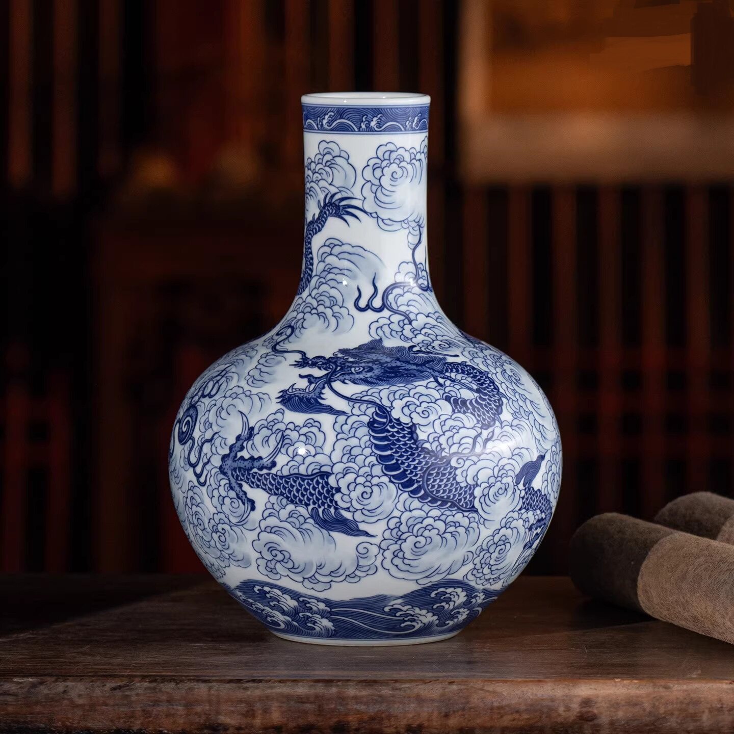 景德镇陶瓷器花瓶仿古手绘天球瓶玄关家居装饰品青花中式摆件
