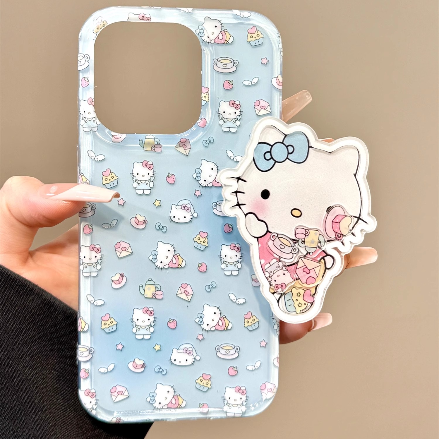 卡通可爱蓝底满屏甜品Kitty猫支架链条适用苹果16promax手机壳iphone15新款14pro女款13pm全包保护壳