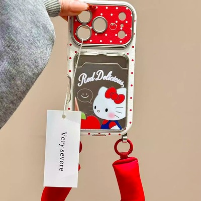 红波点苹果猫咪镜面卡包腕带适用苹果17promax手机壳iphone16新款15pro女款14pm全包保护壳